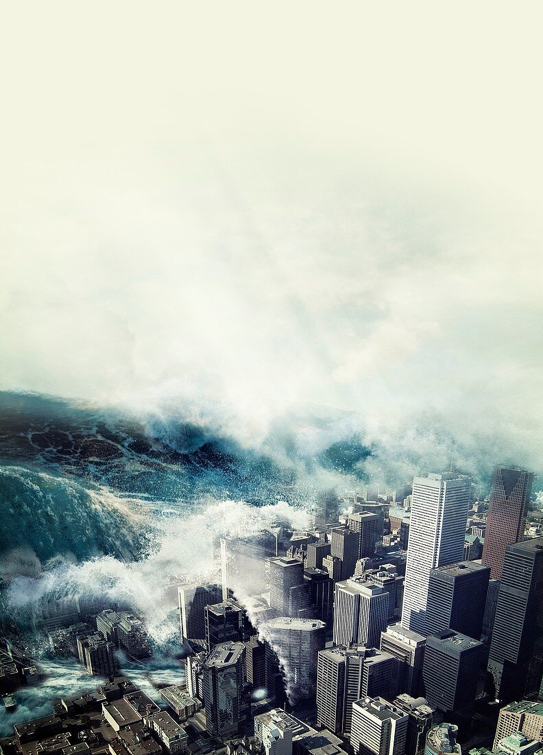 Tsunami hitting a city,artwork