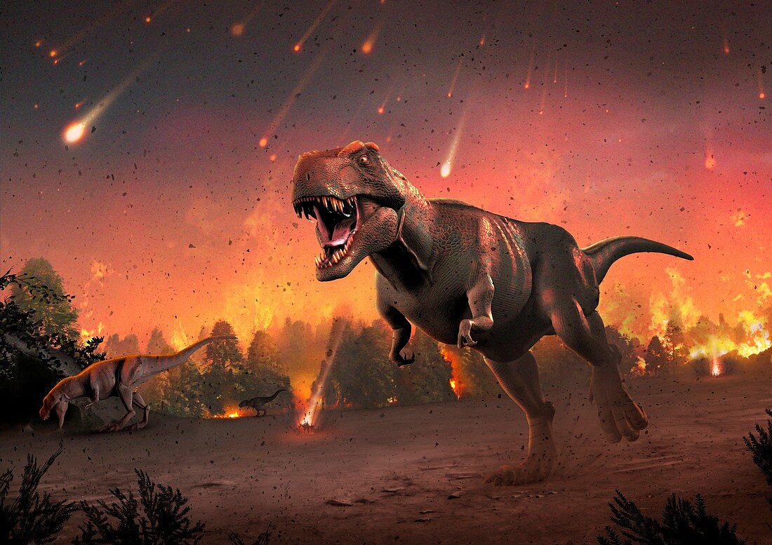 Tyrannosaurs fleeing a hail of meteorites
