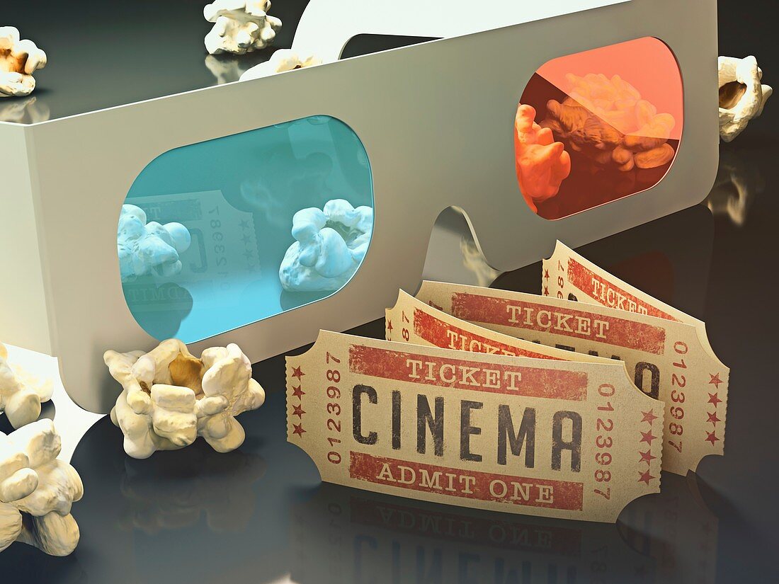 3d glasses,cinema tickets and popcorn