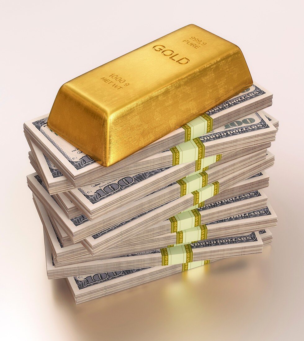 Gold bullion and US dollars,illustration