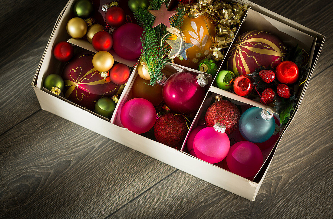 Christmas baubles in a box