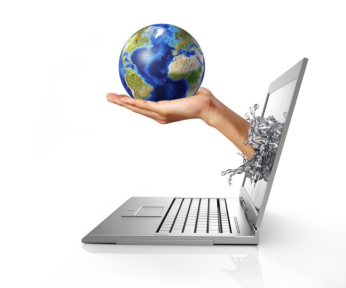 Laptop with hand holding globe