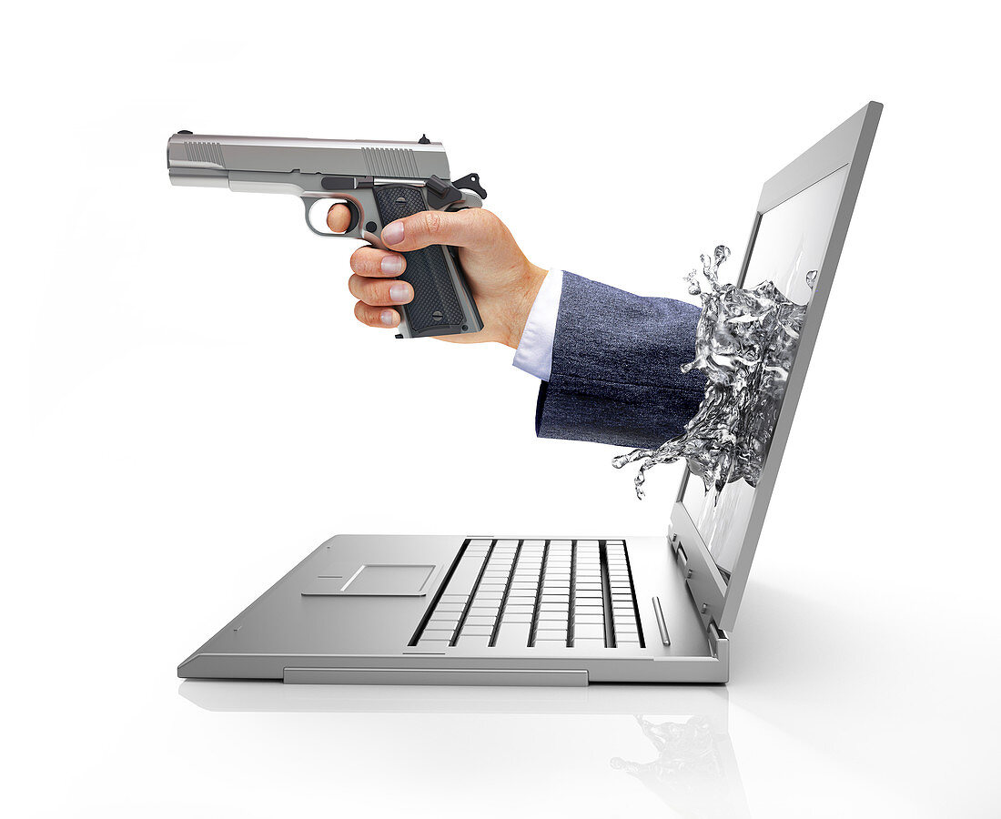 Laptop with hand and gun,illustration