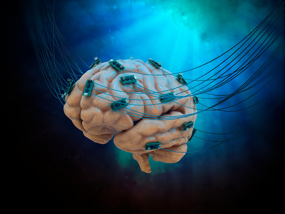 Human brain with cables and microchips