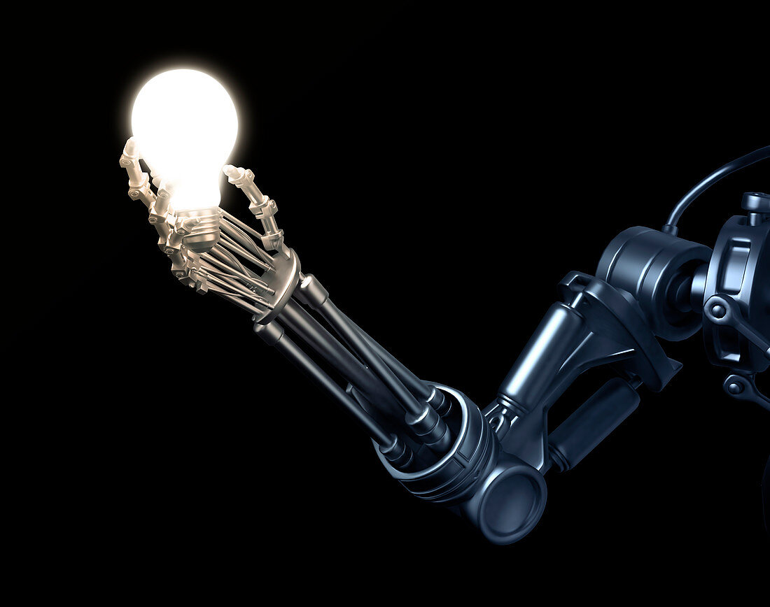 Robotic hand holding a lightbulb