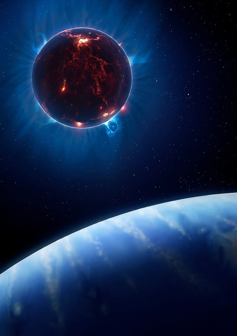Artwork of volcanic world eclipsing star