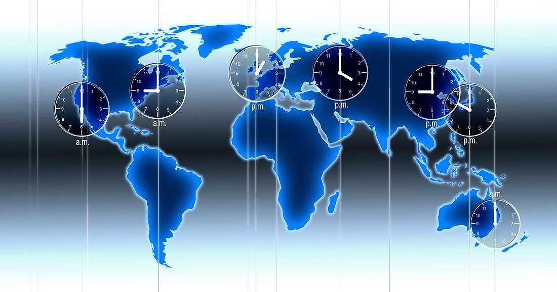 World map illustration with time zones