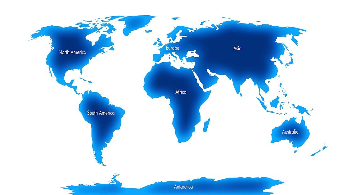 World map illustrating the 7 continents