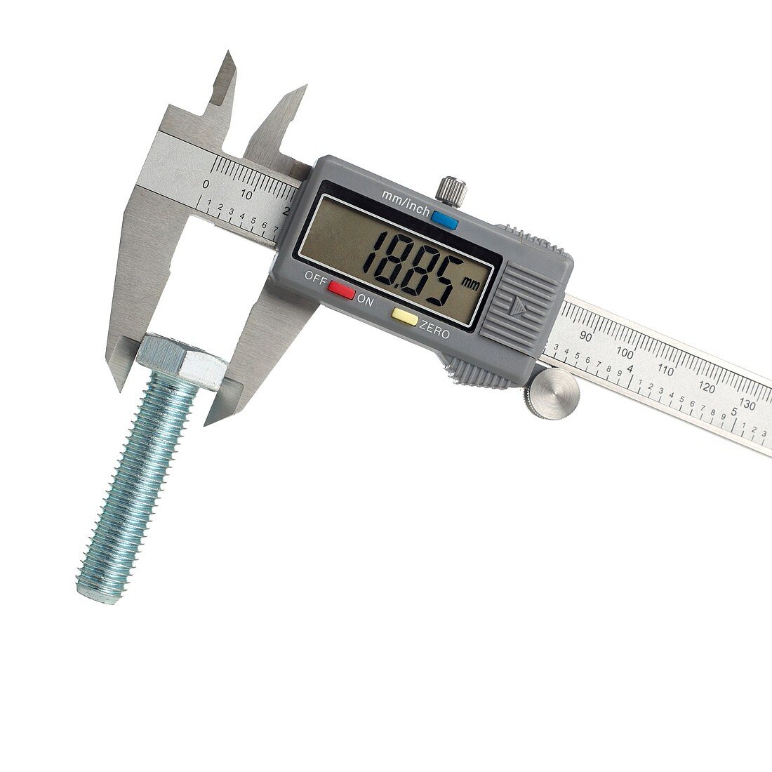 Digital caliper measuring a bolt