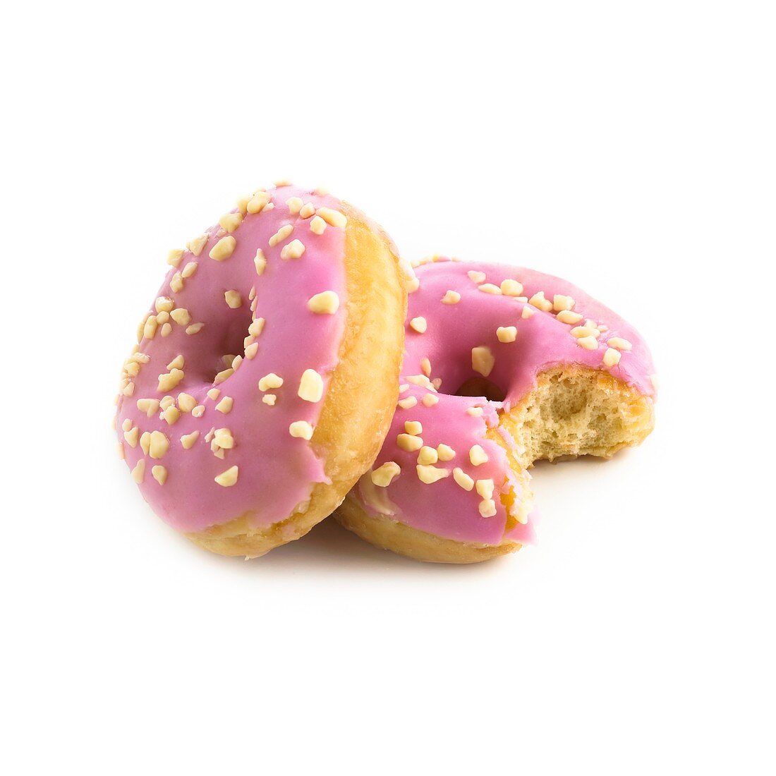 Pink doughnuts,one with a missing bite