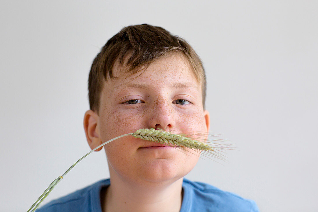 Boy with ear of wheat in front of face