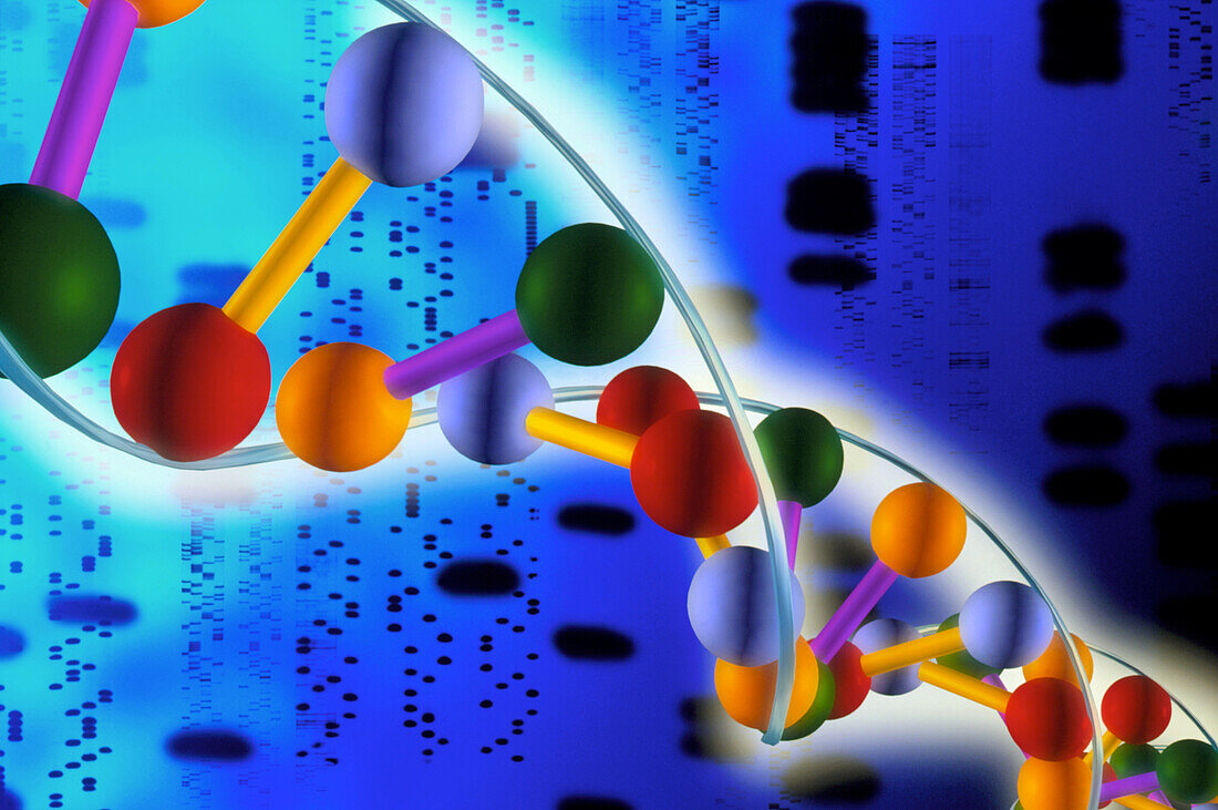 Artwork of DNA molecule and genetic sequences