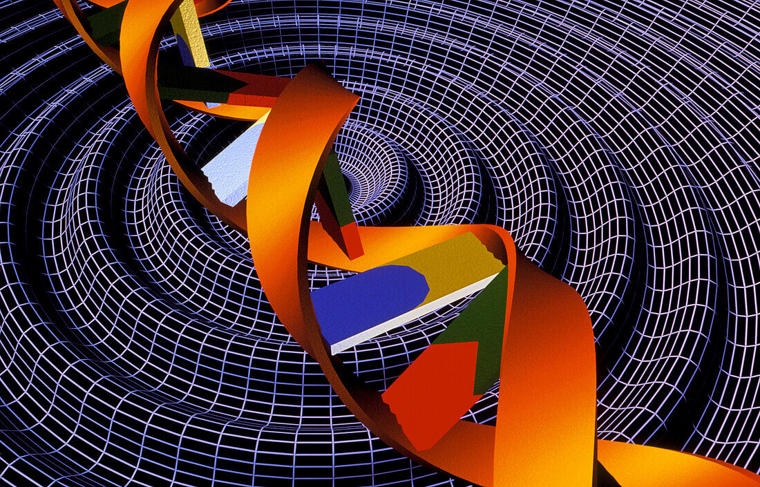 Computer artwork of DNA over wire-frame ripples