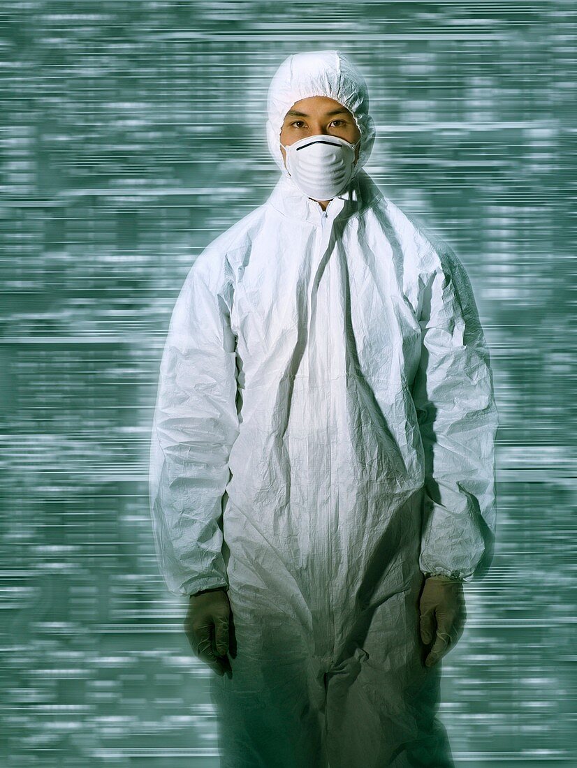 Biotechnology worker in sterile clothing