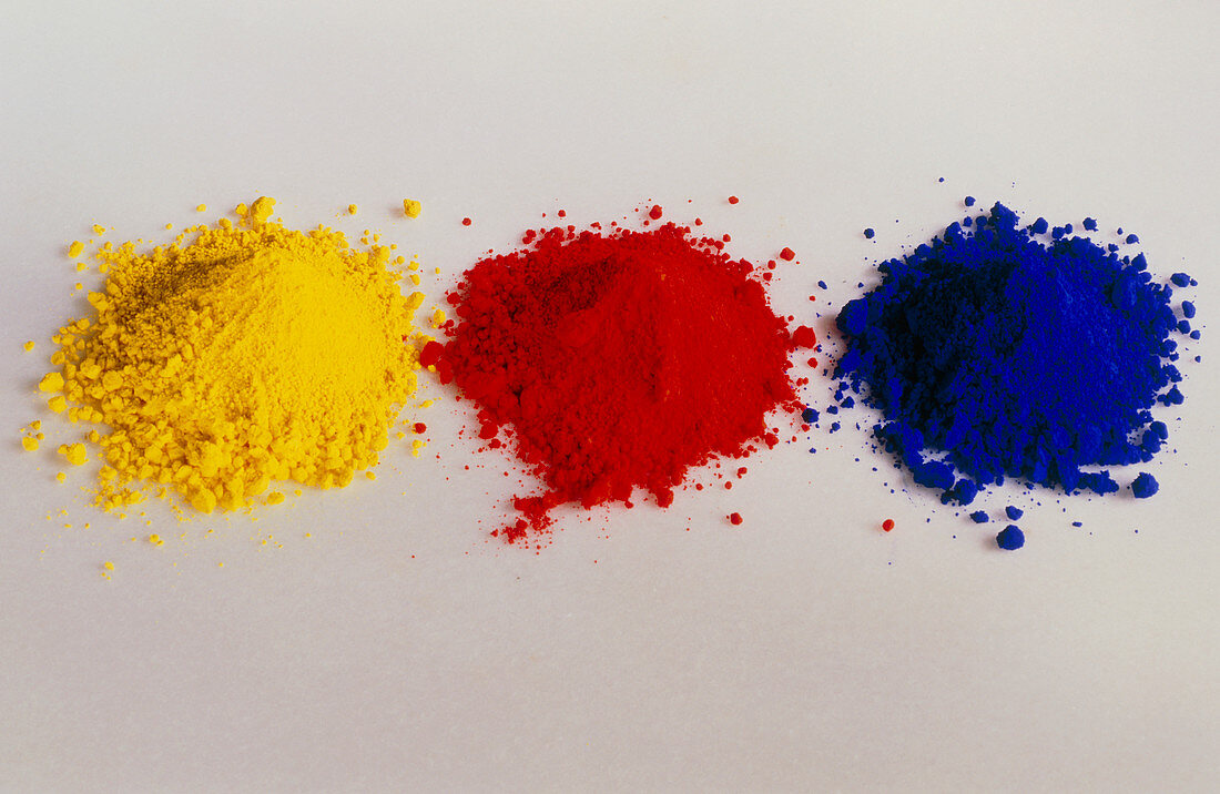 Three piles of powder paint in primary colours