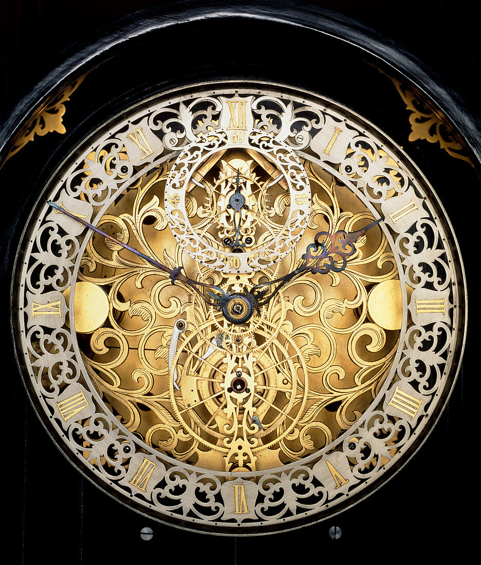 Face of an antique skeleton clock,showing gearing