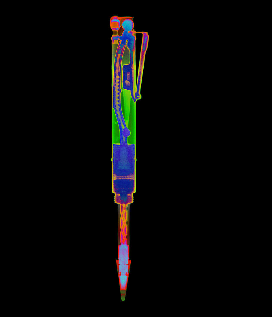 Coloured X-ray of a Penciliter (pencil & lighter)