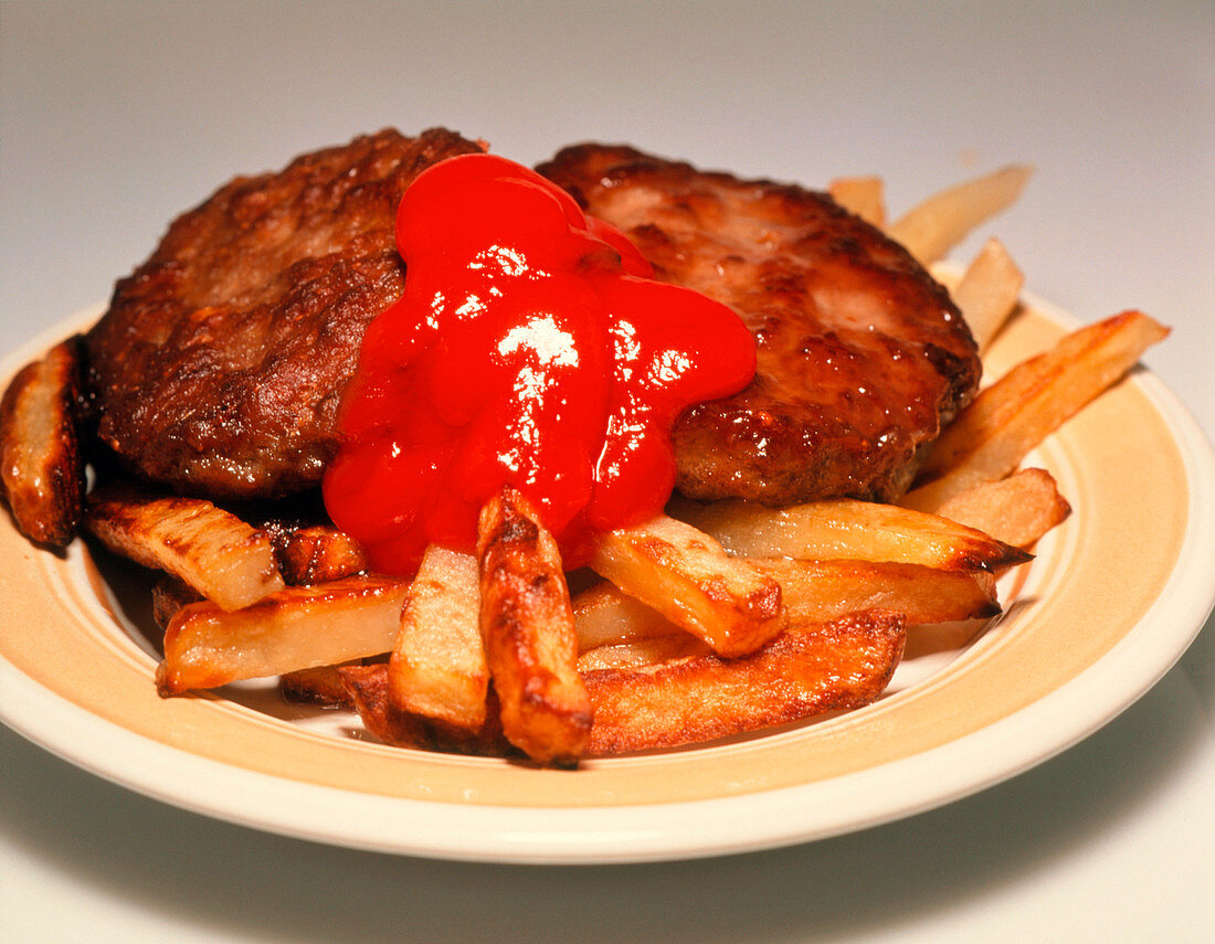 Burgers & chips with splodge of ketchup