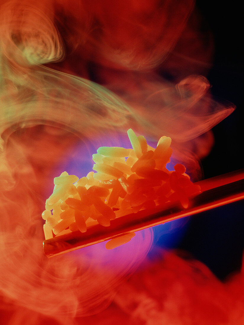 Close-up of rice & chopsticks