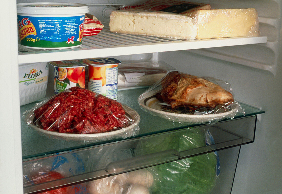 Cooked & raw meat wrapped & stored apart in fridge