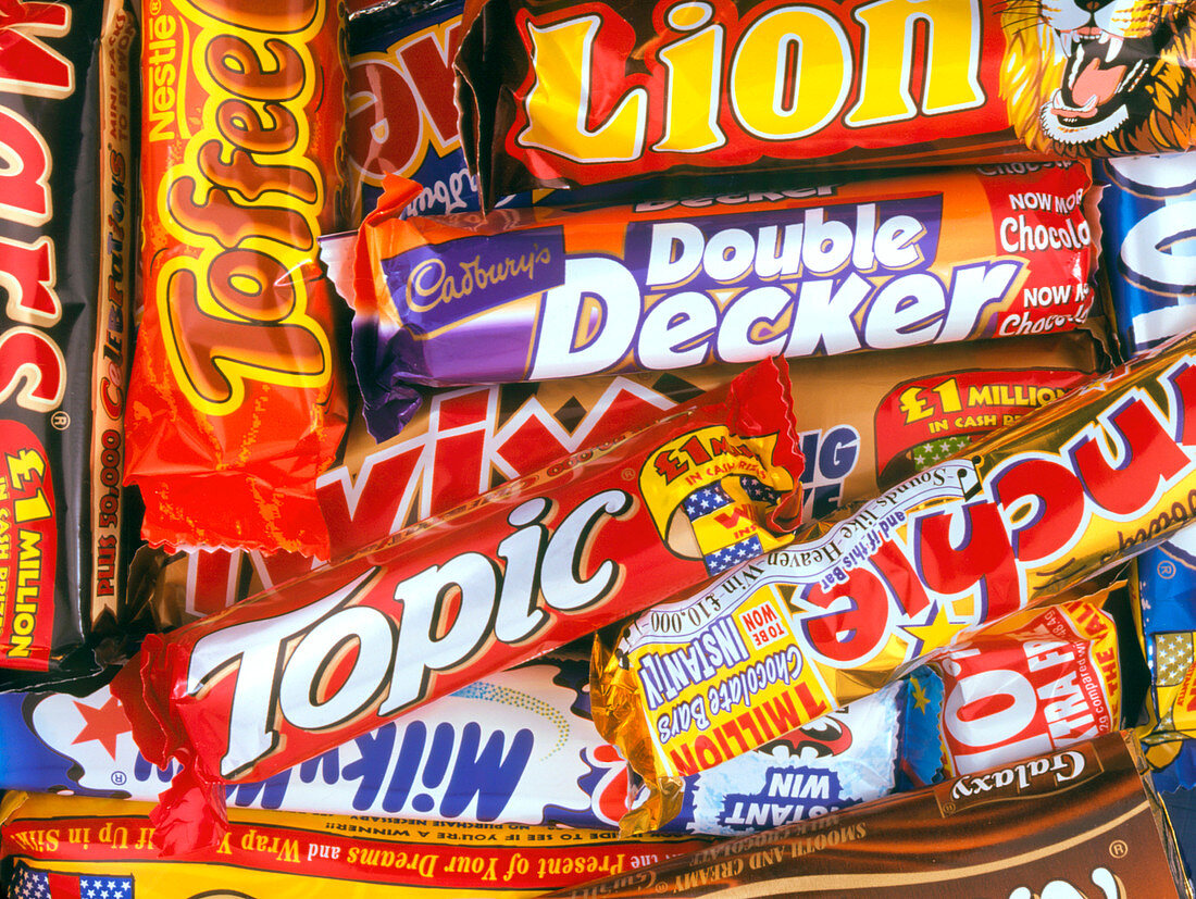 Assortment of chocolate bars in their wrappers