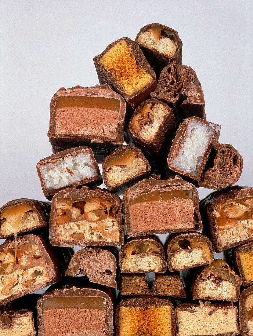 Assortment of sliced chocolate bars
