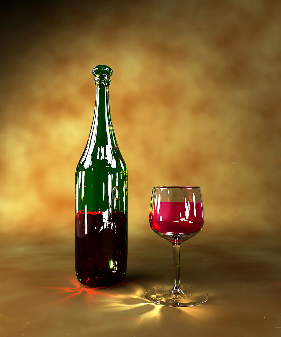 Red wine bottle and glass,artwork