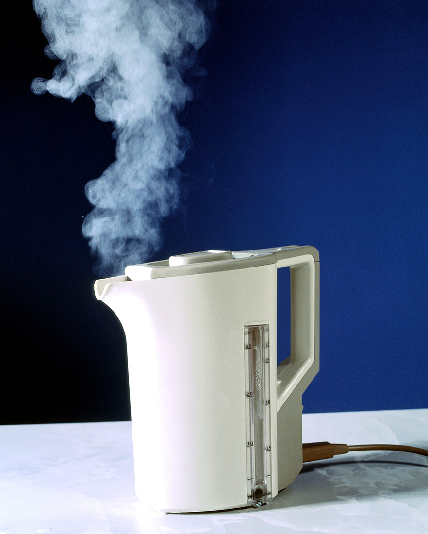 Boiling kettle produces steam