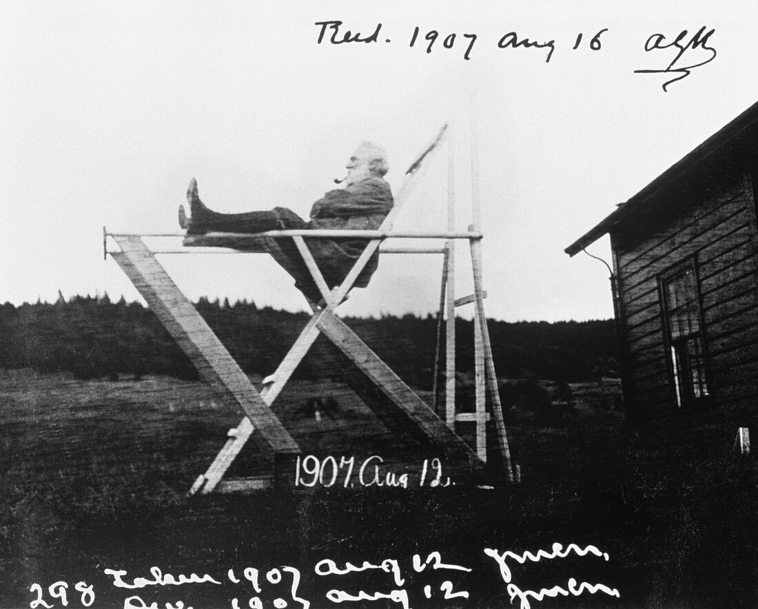 Alexander Graham Bell sitting in tetrahedral chair