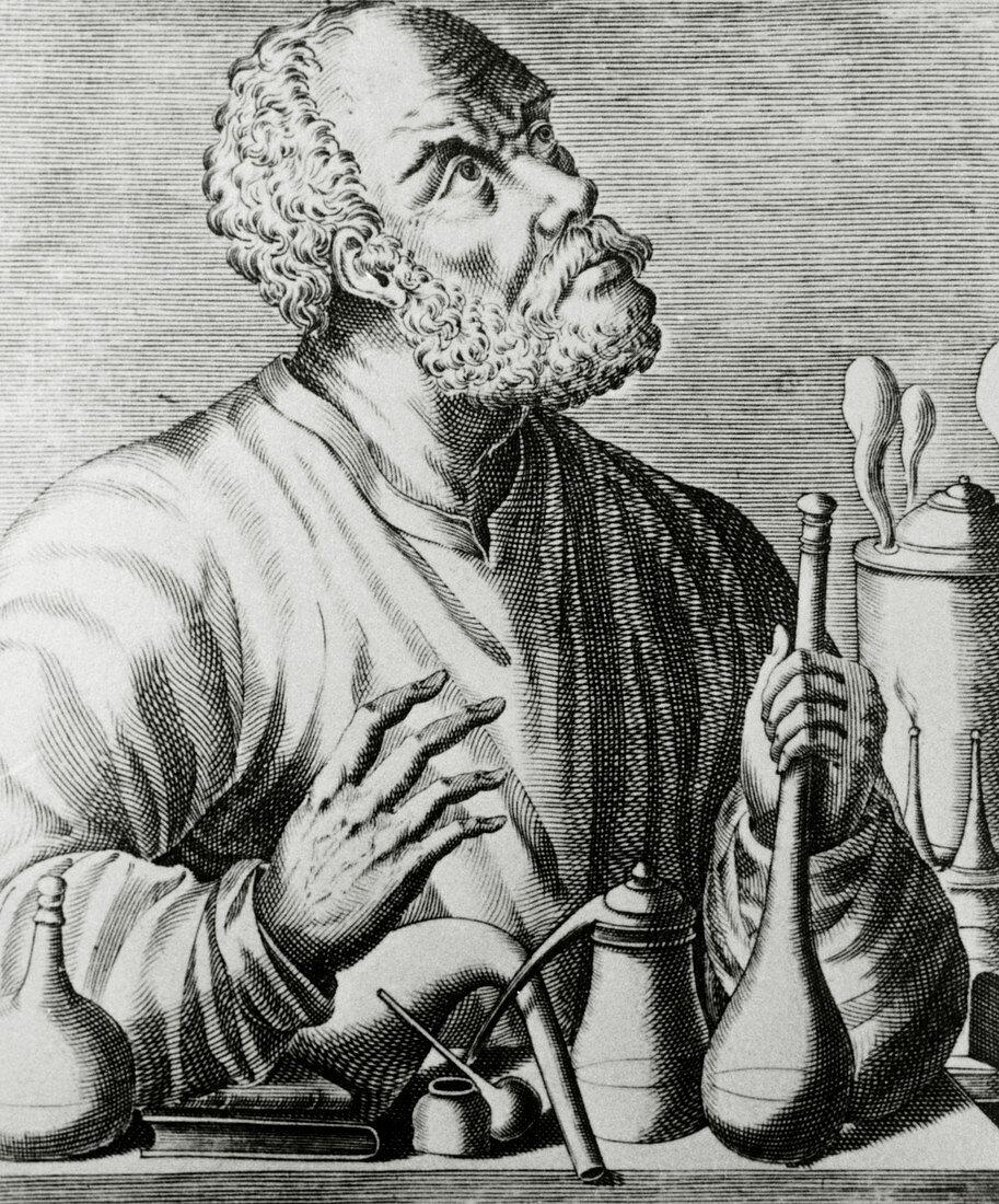 Engraving of Geber (or Jabir),Arabian alchemist