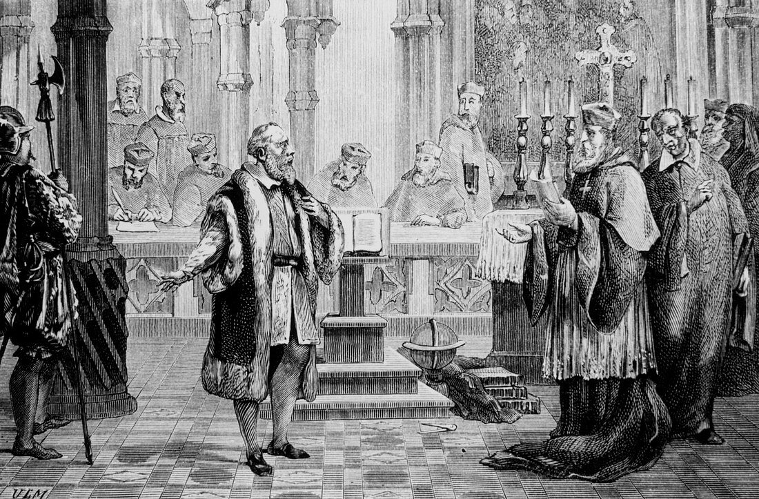 Galileo,Italian astronomer,being tried for heresy