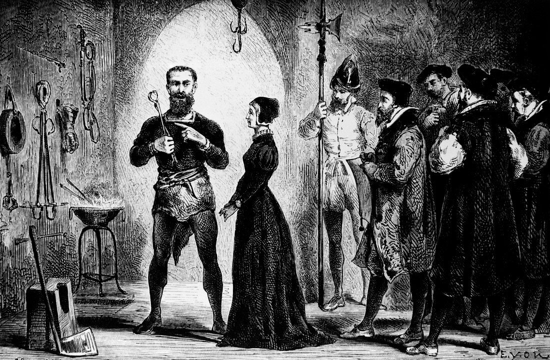 Engraving of Katherina Kepler being interrogated
