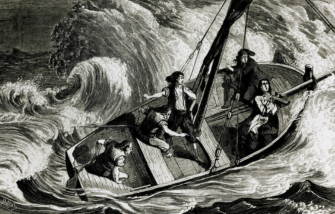Gottfried Wilhelm Leibniz in a boat in a storm