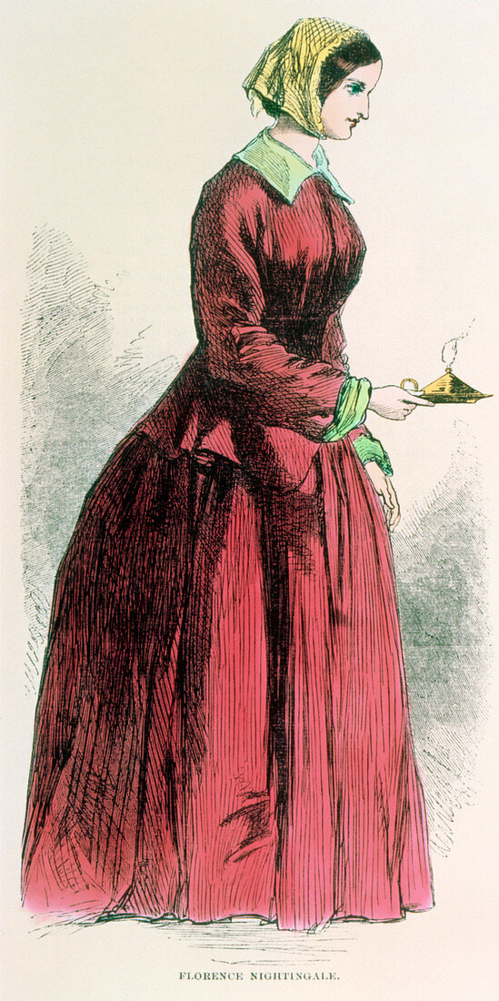Coloured engraving of Florence Nightingale & lamp