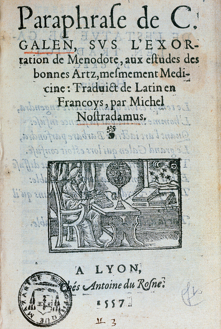 Title page of Nostradmaus' paraphrase of Galen