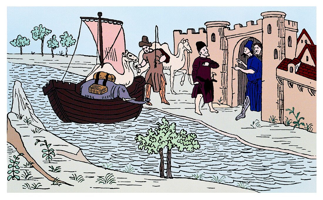 Coloured artwork of Marco Polo landing at Hormuz