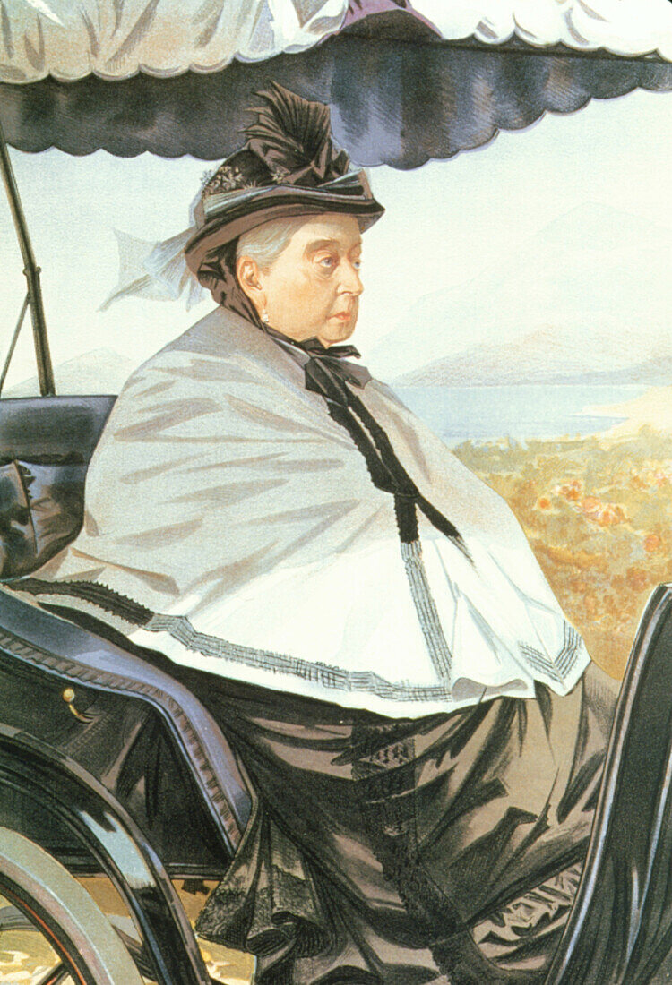 Historical artwork of Queen Victoria in a carriage