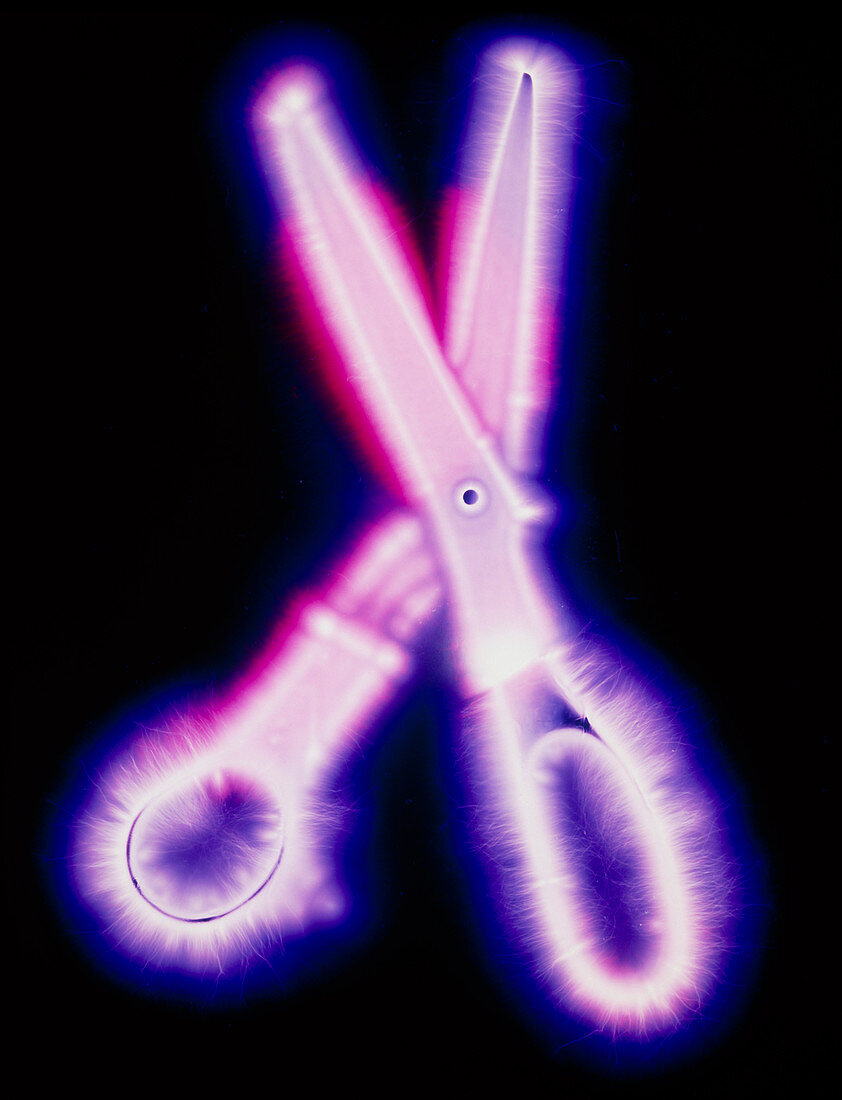 Kirlian photograph of a pair of scissors