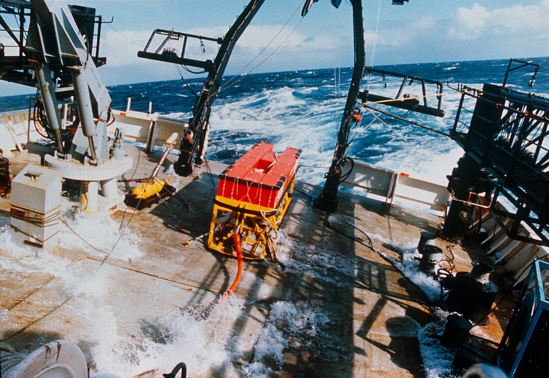 TOBI on stern of R/V Maurice Ewing in rough sea