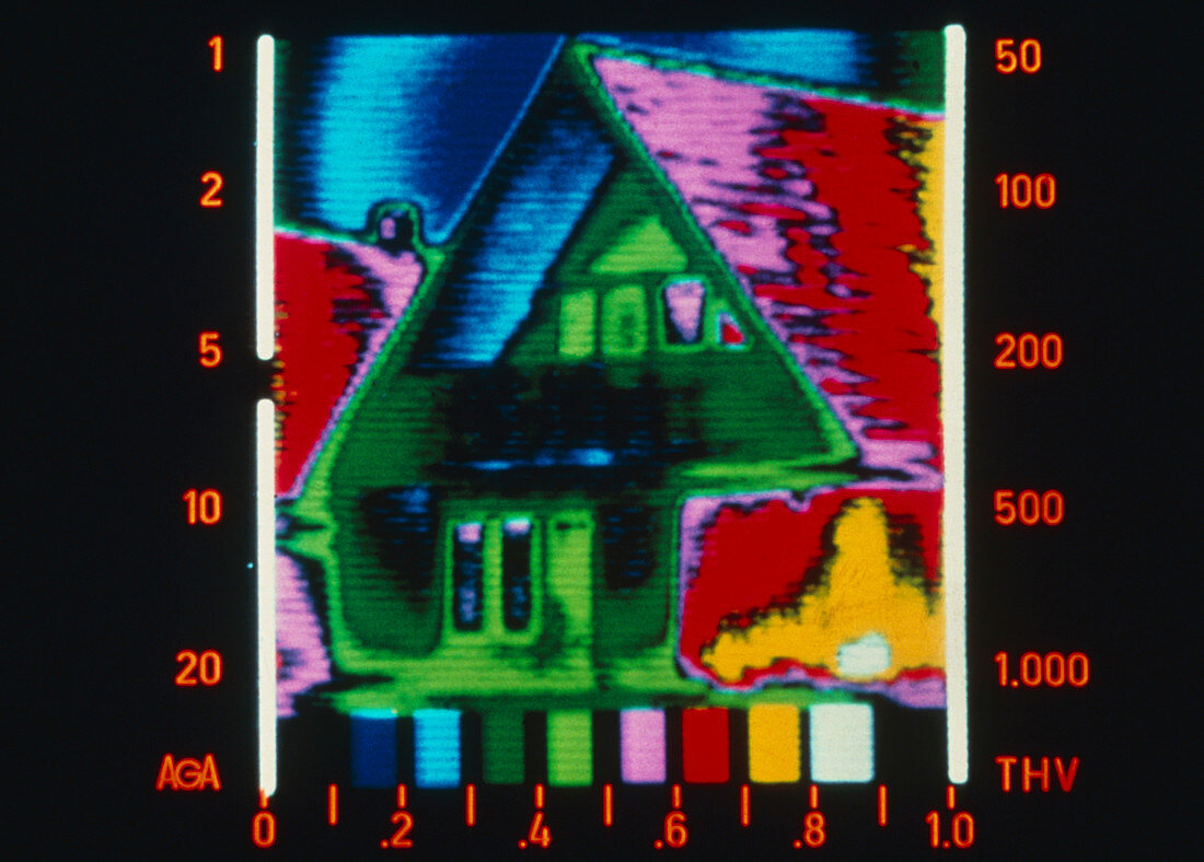 Thermograph of heat loss through house roof