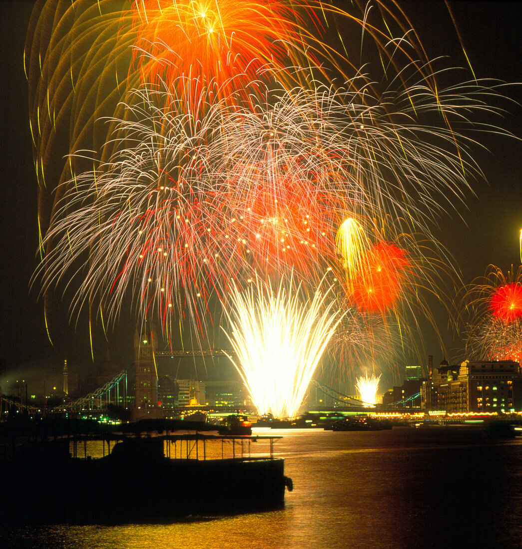 Aerial firework display over Tower Bridge,London