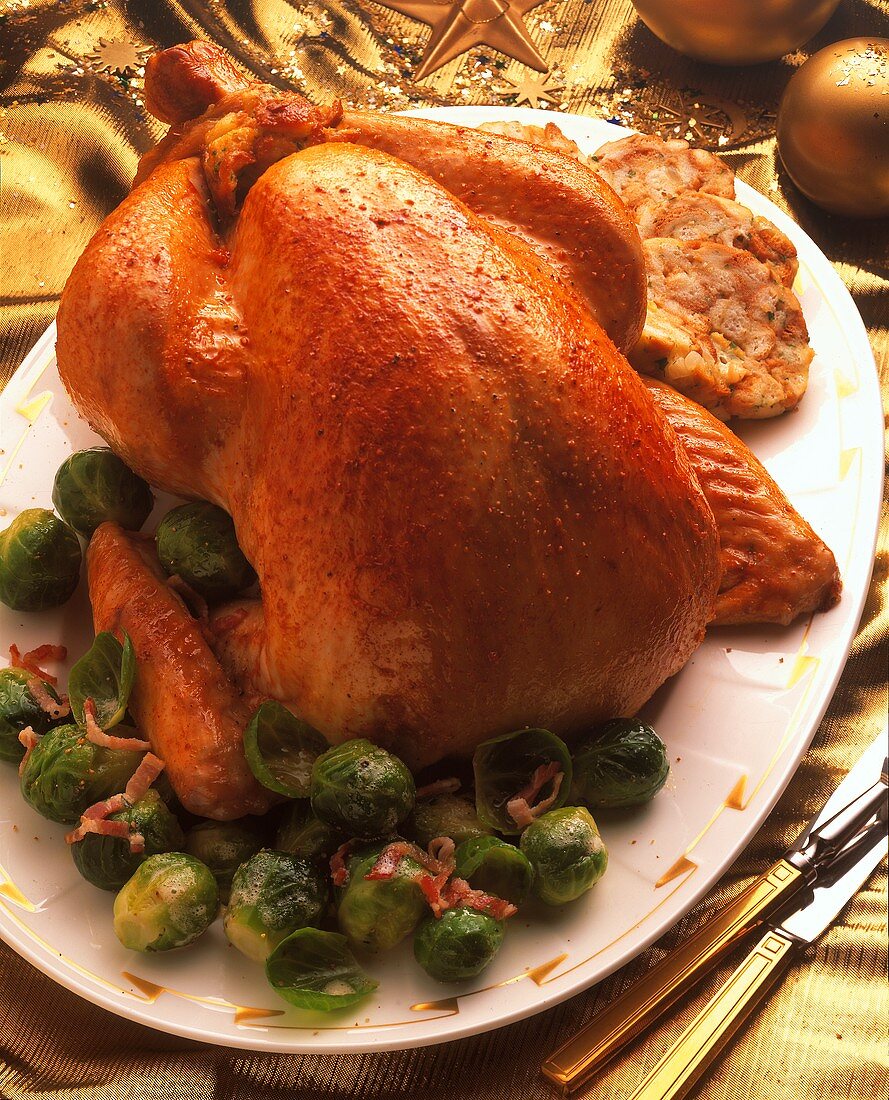 Whole roast turkey with brussels sprouts 