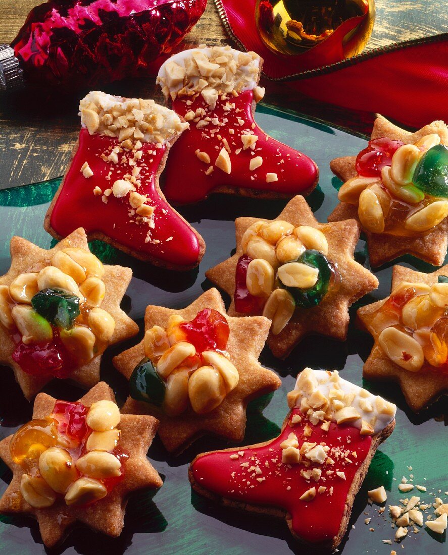 Biscuits with peanuts, fruit decoration and icing