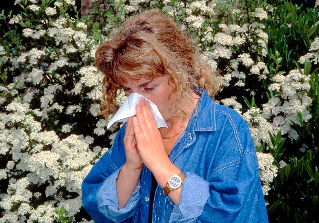 Woman with hay fever blowing nose near flowers