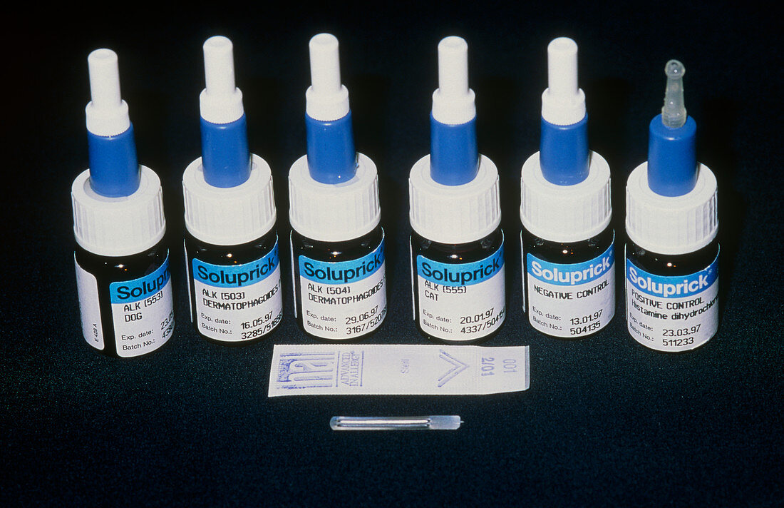 Bottles and needles used for allergy skin tests