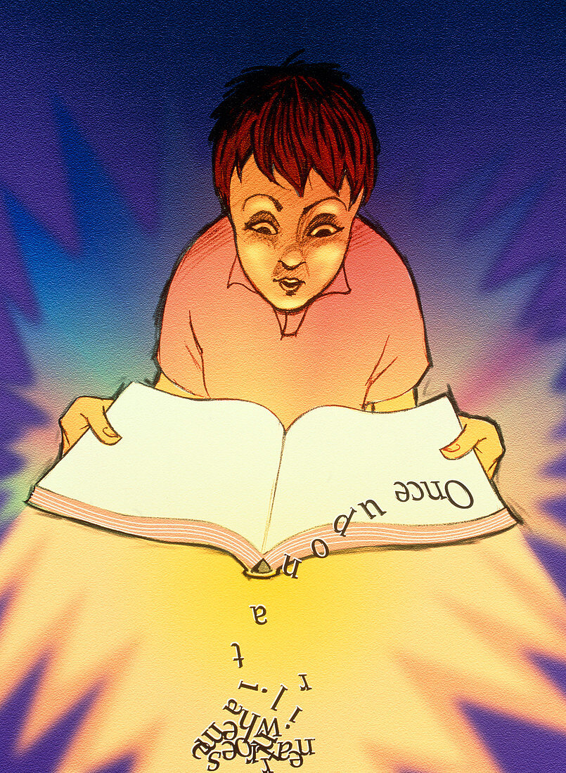 Abstract artwork of a dyslexic boy reading a book