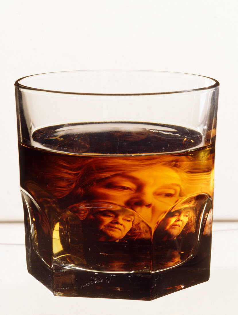 Glass of alcohol with image of alcoholic woman