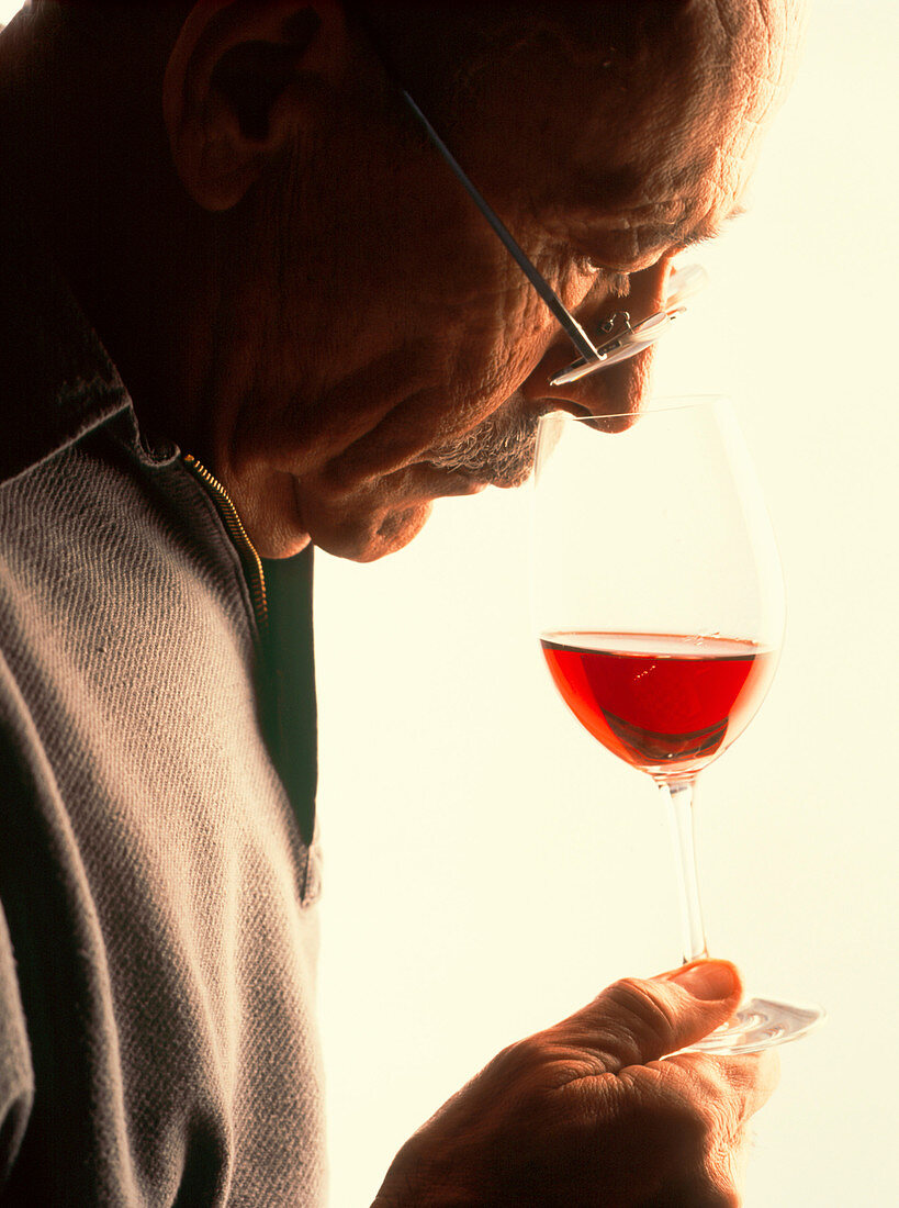 Elderly man sniffs the odour of red wine