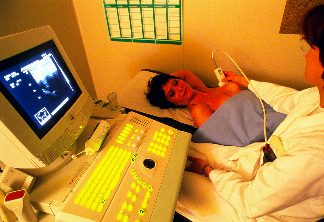 Woman undergoing an ultrasound breast scan