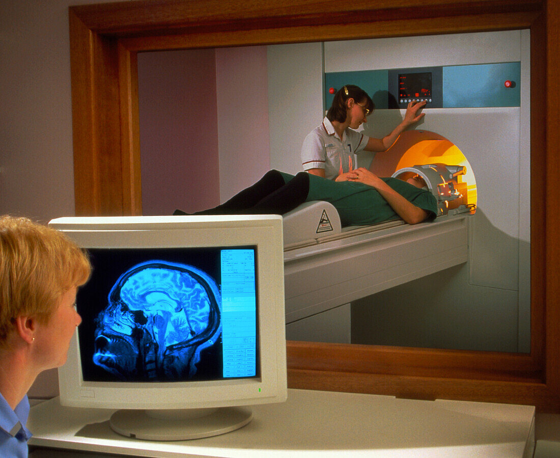 MRI scanning of the brain of a female patient